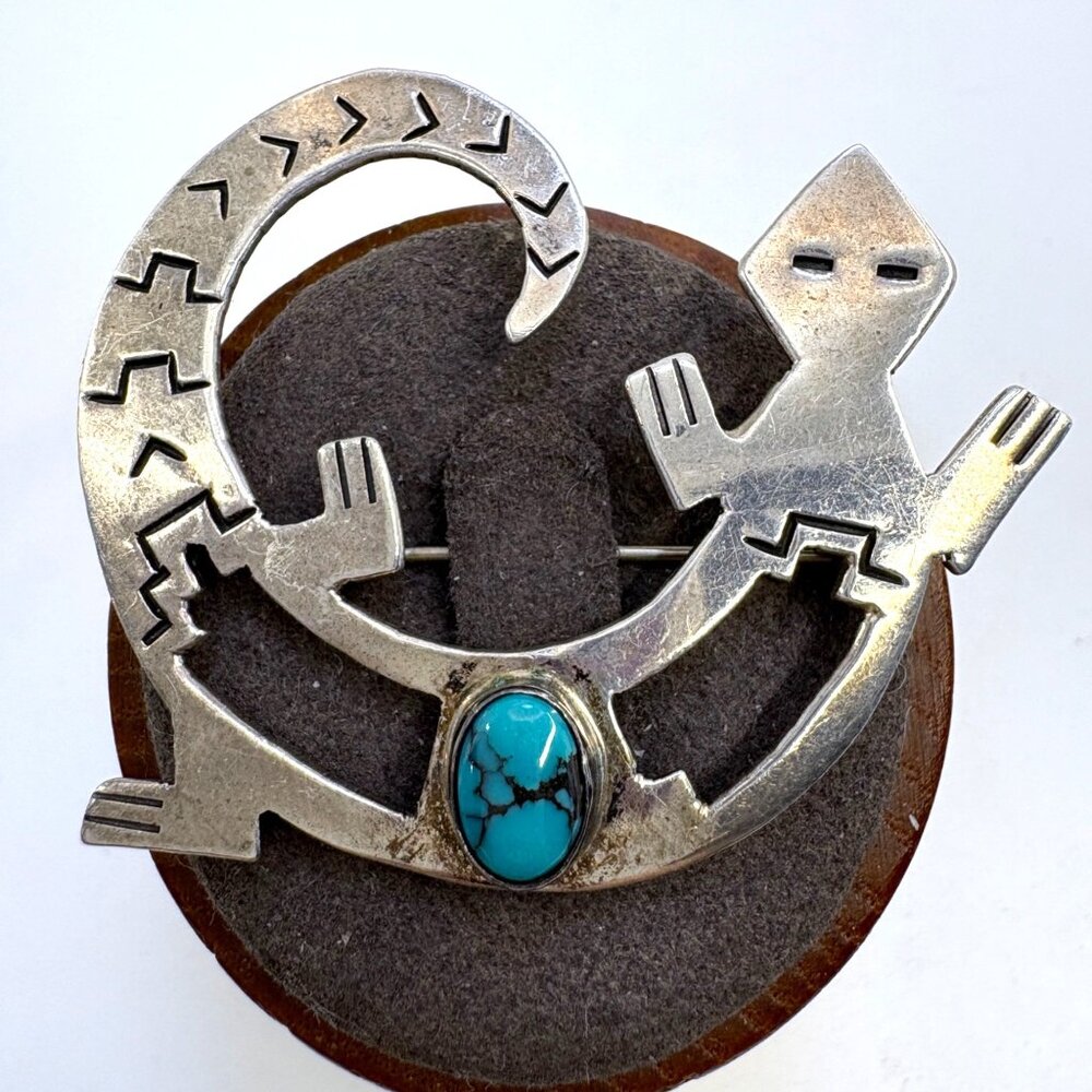 Sterling Silver 925 Turquoise Native American Lizard Brooch Size 2" Length